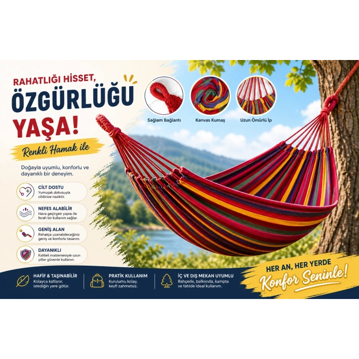 Çift Kişilik Hamak 260X150 Cm Kolay Kurulabilir Bahçe Balkon Kamp Salıncak Hamak Çantalı
