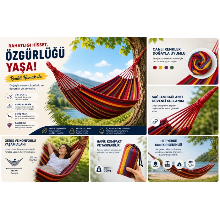 Çift Kişilik Hamak 260X150 Cm Kolay Kurulabilir Bahçe Balkon Kamp Salıncak Hamak Çantalı