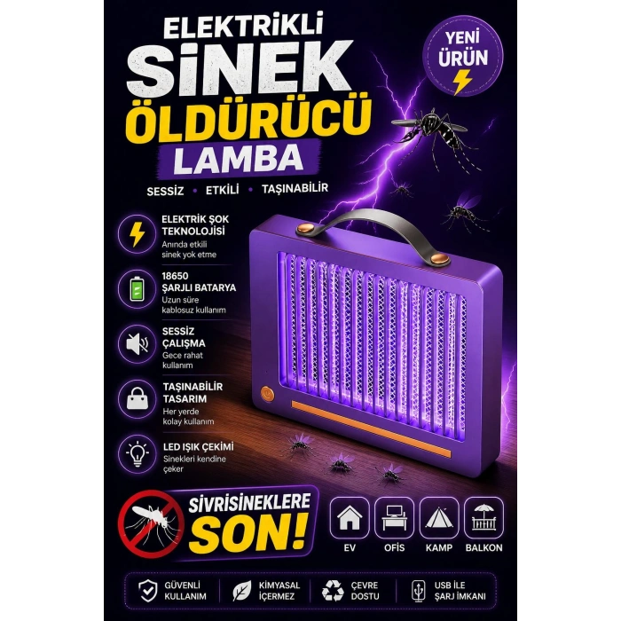 Elektrikli Sinek Öldürücü Lamba | Şarjlı, Sessiz, LED Işıklı Etkili Koruma