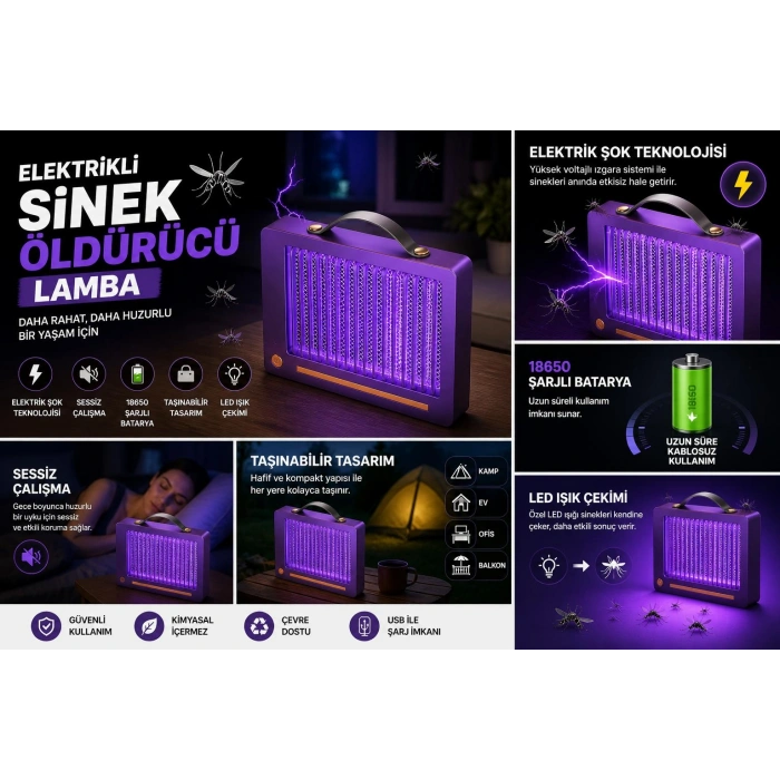 Elektrikli Sinek Öldürücü Lamba | Şarjlı, Sessiz, LED Işıklı Etkili Koruma