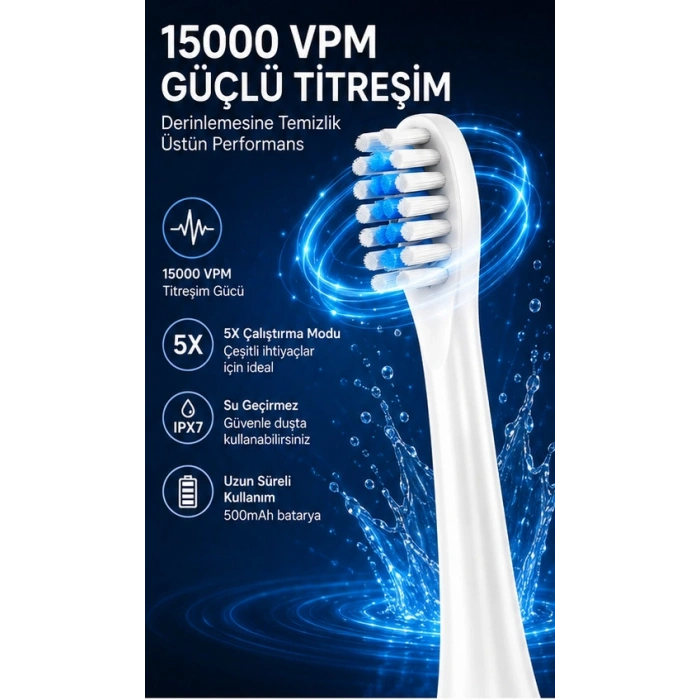 Şarjlı Diş Fırçası 15000 VPM Titreşim Gücü, 500mAh Batarya, 5 Temizlik Modu Siyah