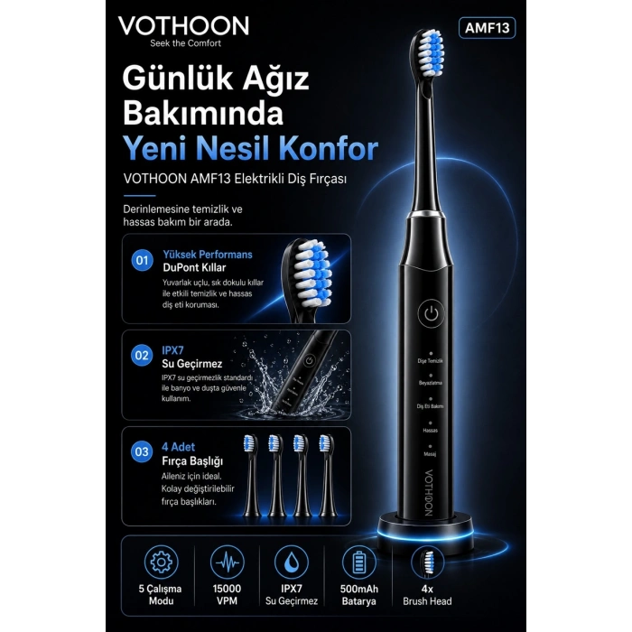 Şarjlı Diş Fırçası 15000 VPM Titreşim Gücü, 500mAh Batarya, 5 Temizlik Modu Siyah