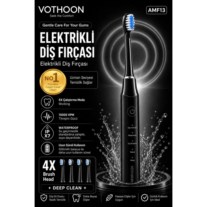 Şarjlı Diş Fırçası 15000 VPM Titreşim Gücü, 500mAh Batarya, 5 Temizlik Modu Siyah