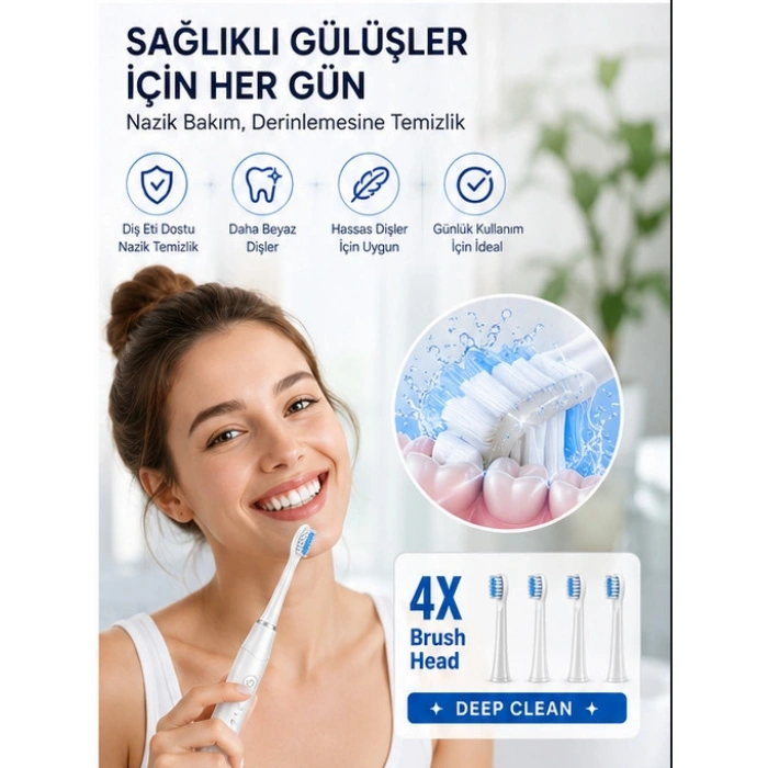 Şarjlı Diş Fırçası 15000 VPM Titreşim Gücü, 500mAh Batarya, 5 Temizlik Modu beyaz