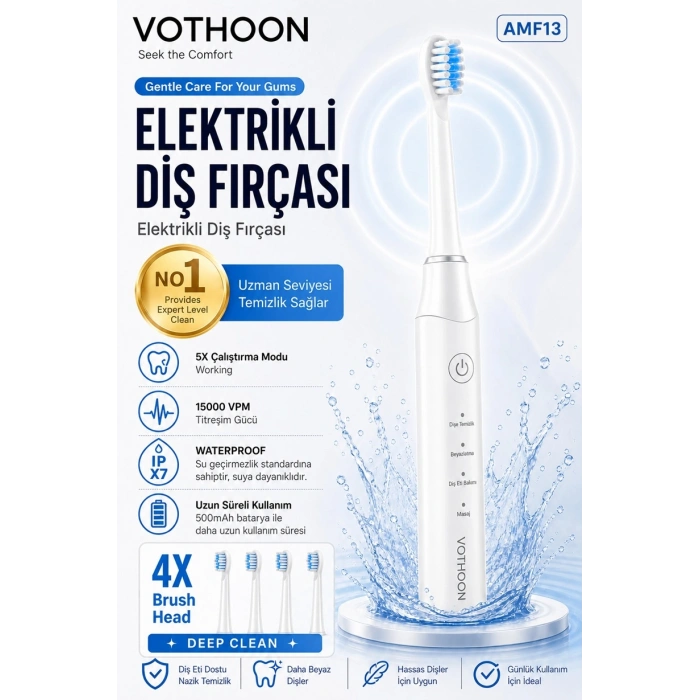Şarjlı Diş Fırçası 15000 VPM Titreşim Gücü, 500mAh Batarya, 5 Temizlik Modu beyaz