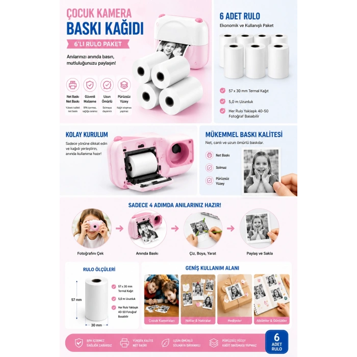 Çocuk Fotoğraf Makinesi Yedek Termal Baskı Kağıdı (6lı Rulo) – 57x25mm