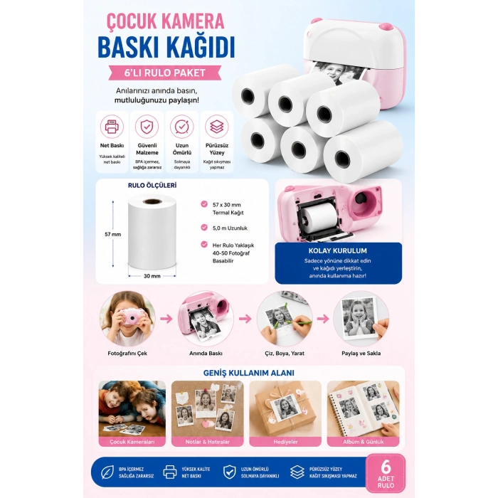 Çocuk Fotoğraf Makinesi Yedek Termal Baskı Kağıdı (6lı Rulo) – 57x25mm