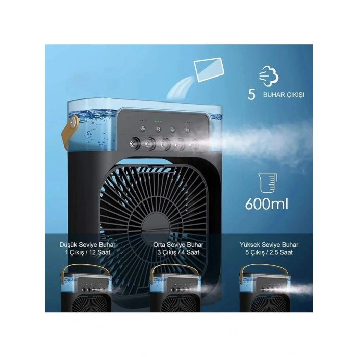 Taşınabilir Işıklı 5 Spreyli Vantilatör Buzlu Buharlı Vantilatör Mini Fan Nemlendirici Buharlı  600 ml