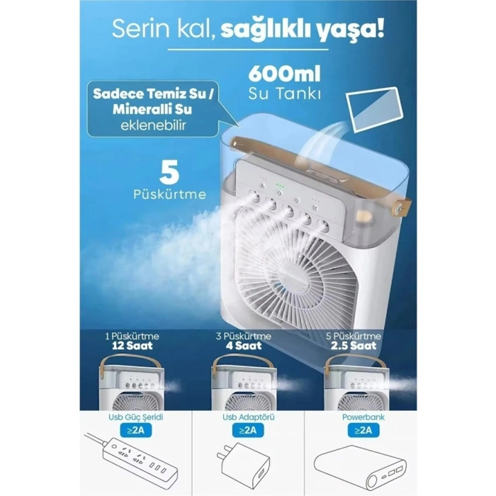 Taşınabilir Işıklı 5 Spreyli Vantilatör Buzlu Buharlı Vantilatör Mini Fan Nemlendirici Buharlı  600 ml