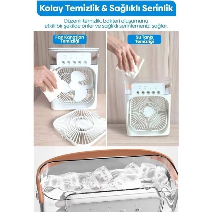 Taşınabilir Işıklı 5 Spreyli Vantilatör Buzlu Buharlı Vantilatör Mini Fan Nemlendirici Buharlı  600 ml