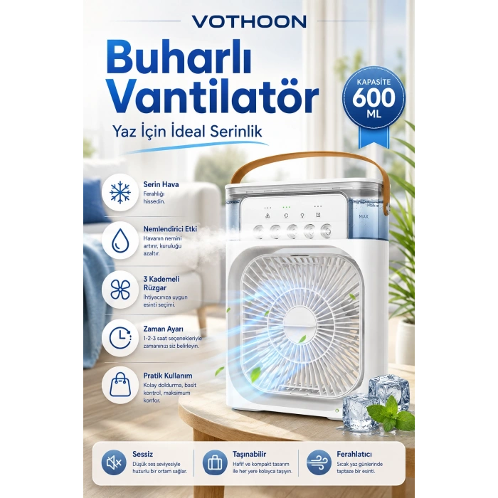 Taşınabilir Işıklı 5 Spreyli Vantilatör Buzlu Buharlı Vantilatör Mini Fan Nemlendirici Buharlı  600 ml