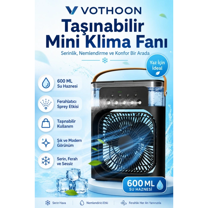 Taşınabilir Işıklı 5 Spreyli Vantilatör Buzlu Buharlı Vantilatör Mini Fan Nemlendirici Buharlı  600 ml