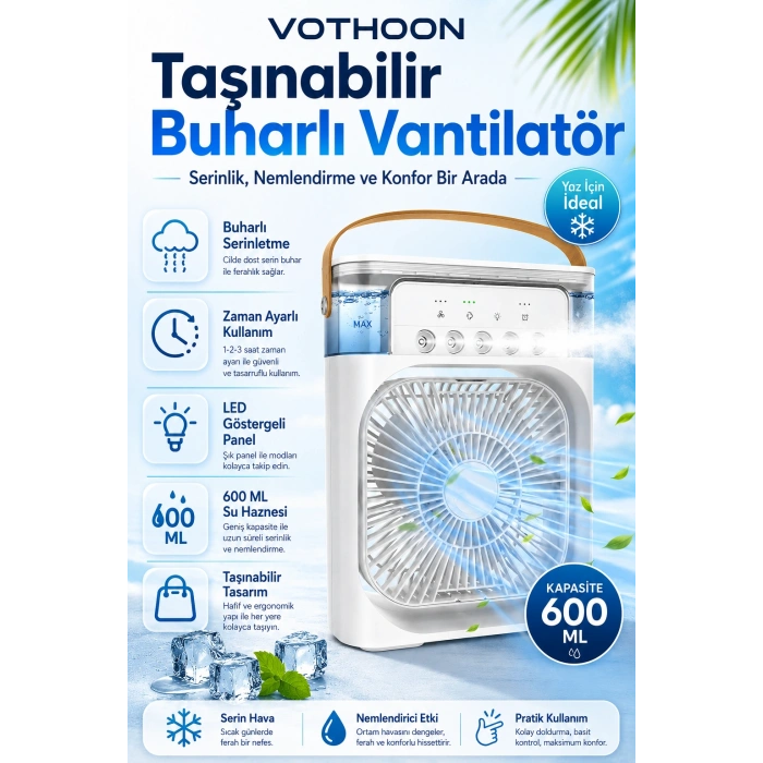 Taşınabilir Işıklı 5 Spreyli Vantilatör Buzlu Buharlı Vantilatör Mini Fan Nemlendirici Buharlı  600 ml