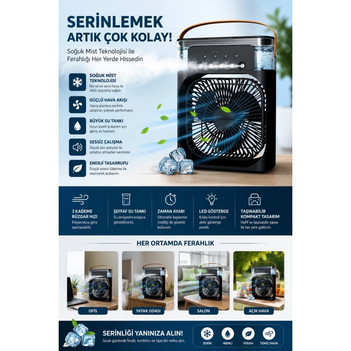 Taşınabilir Işıklı 5 Spreyli Vantilatör Buzlu Buharlı Vantilatör Mini Fan Nemlendirici Buharlı  600 ml