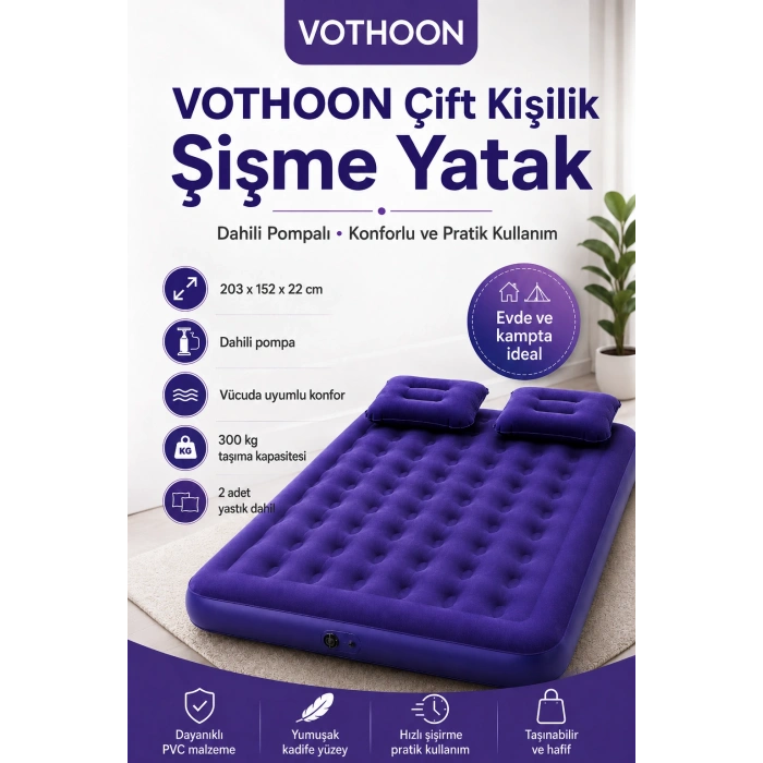 Vothoon Çift Kişilik Şişme Yatak Dahili Pompalı 203x152x22 cm 2 Yastıklı
