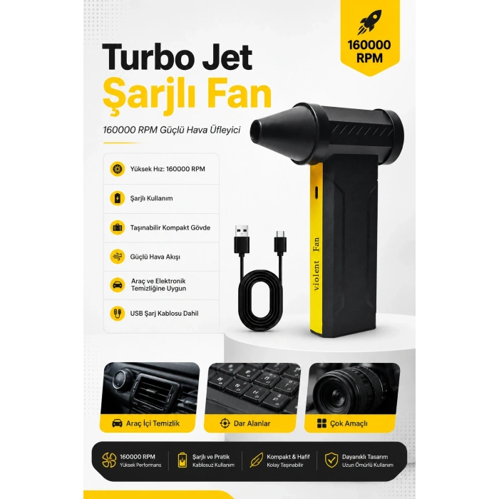 Turbo Jet 160000 RPM Taşınabilir Şarjlı Hava Üfleyici 2x5000 mAh Bataryalı Mini Fan