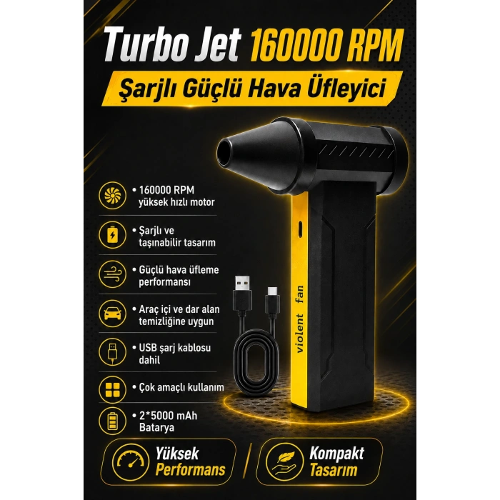 Turbo Jet 160000 RPM Taşınabilir Şarjlı Hava Üfleyici 2x5000 mAh Bataryalı Mini Fan