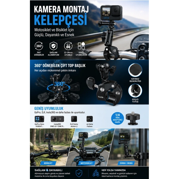 Motosiklet Bisiklet Gidon Kamera Montaj Metal Kelepçesi 360° Döner Metal Tutucu