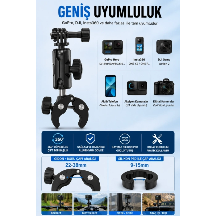 Motosiklet Bisiklet Gidon Kamera Montaj Metal Kelepçesi 360° Döner Metal Tutucu