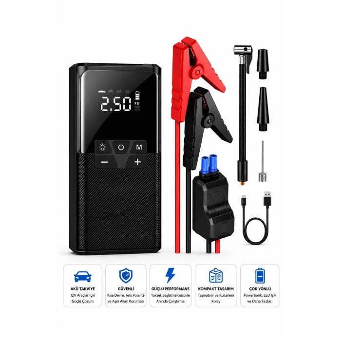 Vothoon12000 mAh Akıllı Akü Takviye ve Dijital Hava Pompası Akım Korumalı