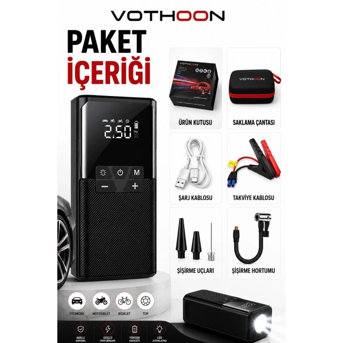 Vothoon12000 mAh Akıllı Akü Takviye ve Dijital Hava Pompası Akım Korumalı