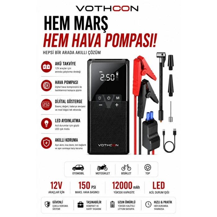 Vothoon12000 mAh Akıllı Akü Takviye ve Dijital Hava Pompası Akım Korumalı