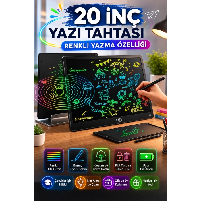 20 Inc Renkli Lcd Grafik Dijital Kalemli Çizim Tableti Yazı Tahta Not Yazma Eğitim Tableti