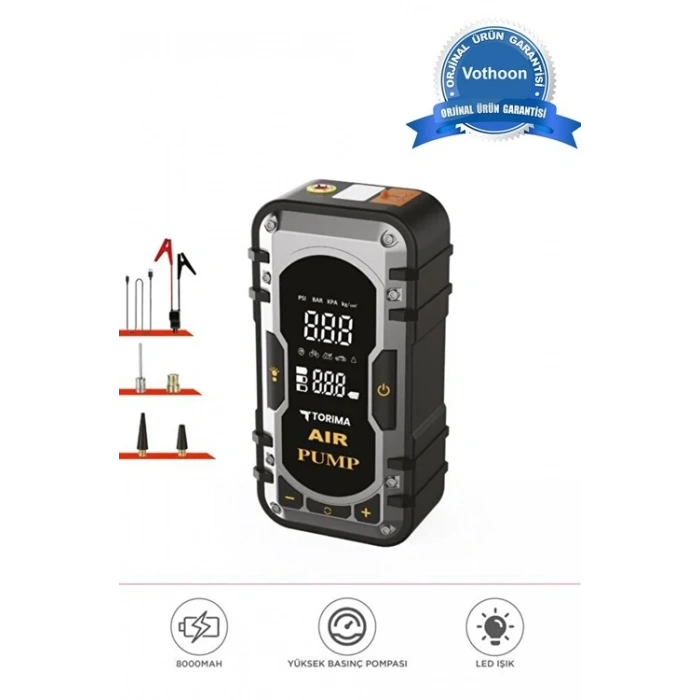 8000 Mah Taşnabilir Dijital Ekranlı Araç Akü Takviyeli,Powerbank,Işıklı Oto Hava Kompresörü