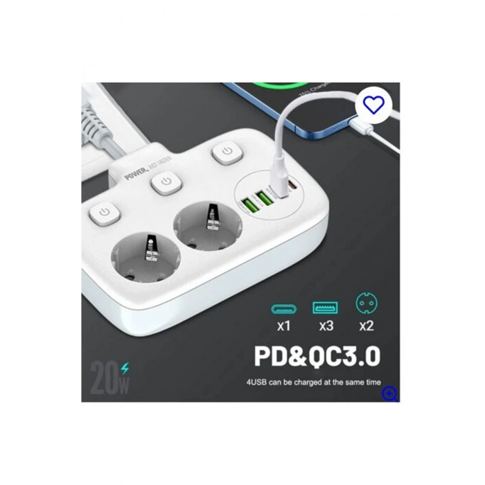 Akım Korumalı 2li Ayrı Anahtarlı Priz, 2x Priz, 3x USB, 1x Type-C, 2 mt Kablo, Hızlı Şarj