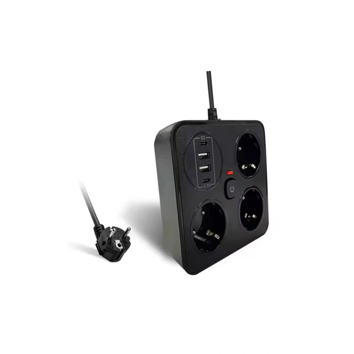 Akım Korumalı Anahtarlı Priz - 3X Priz - 2X Usb - 2X Type-C - 2 mt Kablo Hızlı Şarj Özellikli Siyah