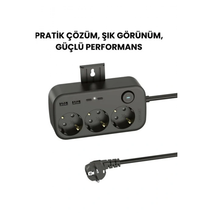 Akım Korumalı Priz 2 USB + 2 Type-C Girişli 2 Metre Kablosu Anahtarlı ve Duvara Monte Edilebilir
