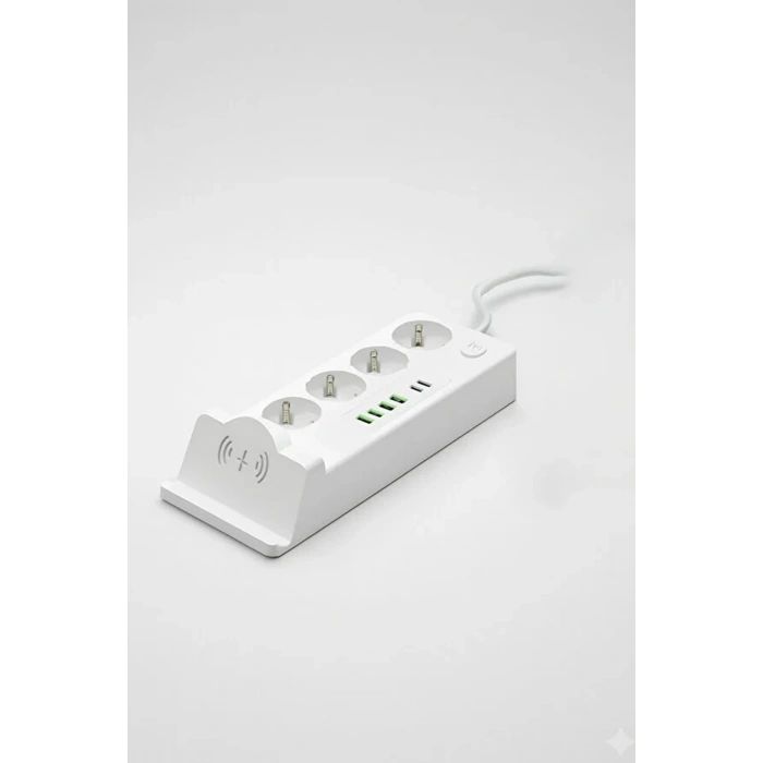 Akım Korumalı Priz ve Masaüstü Şarj İstasyonu Kablosuz 4 Priz ,4 USB, 2 Type-C Girişli 2 Metre