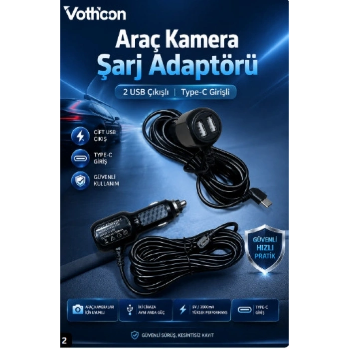 Araç Kamera Şarj Adaptörü 2 Usbli Type-c Girişli 3.5 Metre Kablo Uzunluğu(Ürün Kamera Değildir)