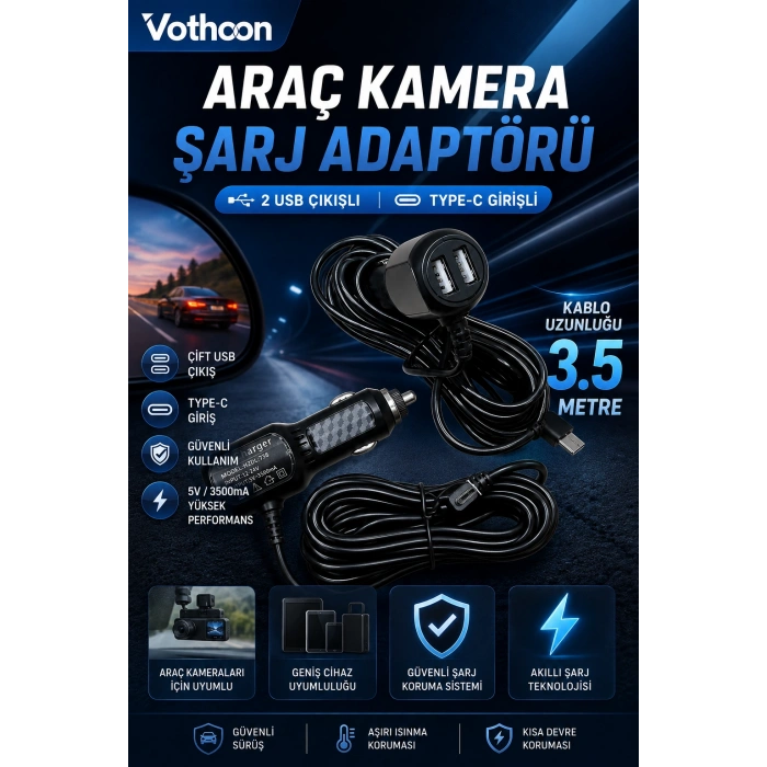 Araç Kamera Şarj Adaptörü 2 Usbli Type-c Girişli 3.5 Metre Kablo Uzunluğu(Ürün Kamera Değildir)
