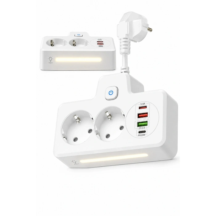 Bkl-502 Akım Korumalı 2Li Priz 2 USB ve 2 Type-C Çıkış 4000W Hızlı Şarj Duvar Tipi Dokunmatik Led Aydınlatmalı