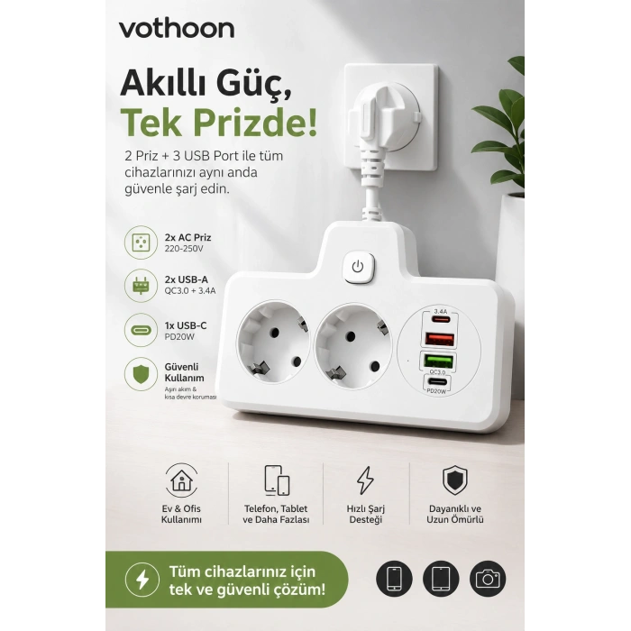Bkl-502 Akım Korumalı 2Li Priz 2 USB ve 2 Type-C Çıkış 4000W Hızlı Şarj Duvar Tipi Dokunmatik Led Aydınlatmalı