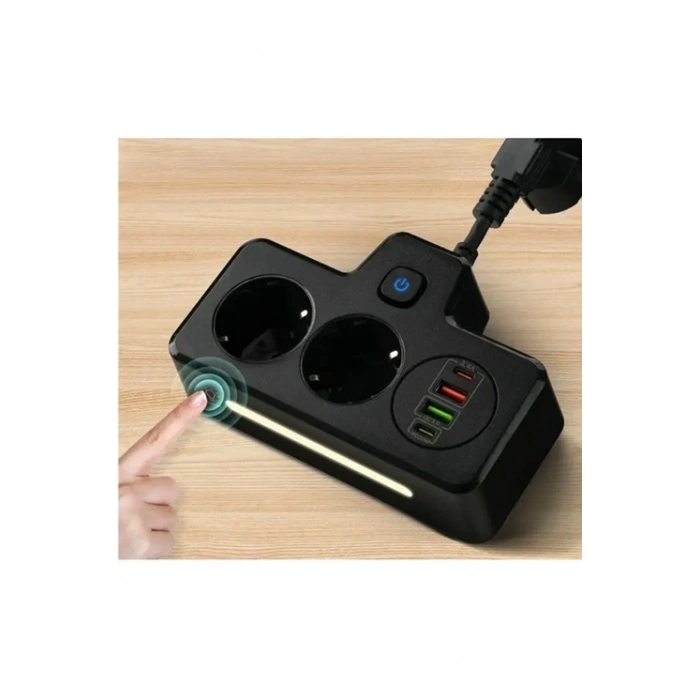 Bkl-502 Akım Korumalı 2Li Priz 2 USB ve 2 Type-C Çıkış 4000W Hızlı Şarj Duvar Tipi Dokunmatik Led Aydınlatmalı