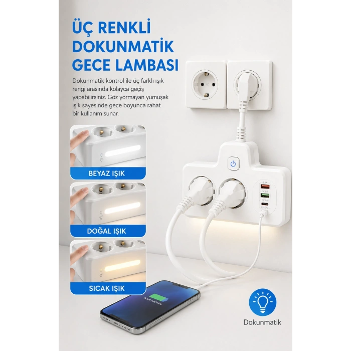 Bkl-502 Akım Korumalı 2Li Priz 2 USB ve 2 Type-C Çıkış 4000W Hızlı Şarj Duvar Tipi Dokunmatik Led Aydınlatmalı