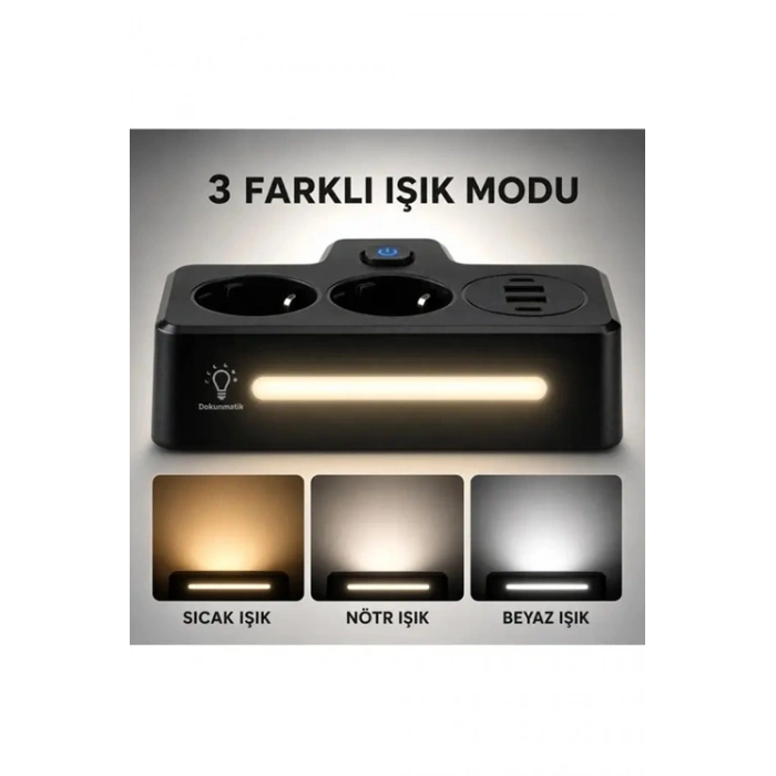 Bkl-502 Akım Korumalı 2Li Priz 2 USB ve 2 Type-C Çıkış 4000W Hızlı Şarj Duvar Tipi Dokunmatik Led Aydınlatmalı