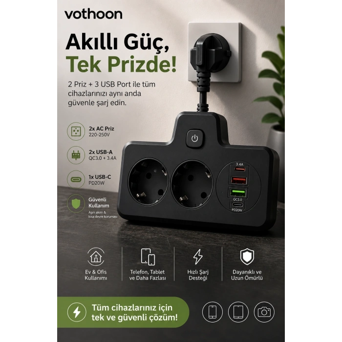 Bkl-502 Akım Korumalı 2Li Priz 2 USB ve 2 Type-C Çıkış 4000W Hızlı Şarj Duvar Tipi Dokunmatik Led Aydınlatmalı