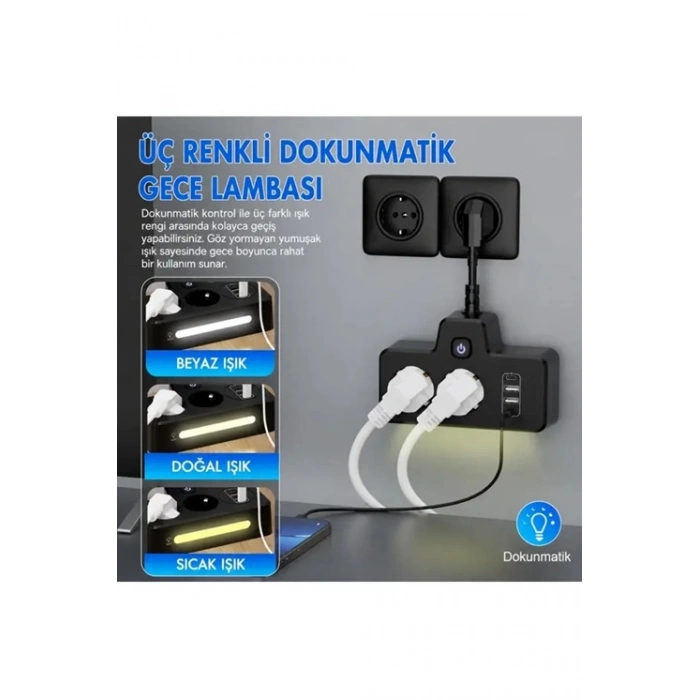 Bkl-502 Akım Korumalı 2Li Priz 2 USB ve 2 Type-C Çıkış 4000W Hızlı Şarj Duvar Tipi Dokunmatik Led Aydınlatmalı