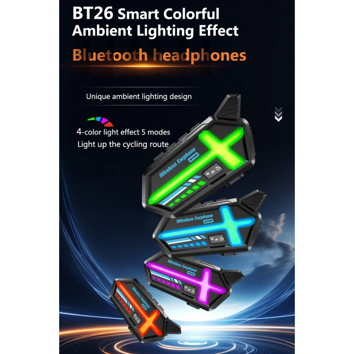 BT26 Motosiklet Kask Kulaklık Bluetooth RGB Işıklı 2 Eşleşme Özellikli 1000 Mah Intercom
