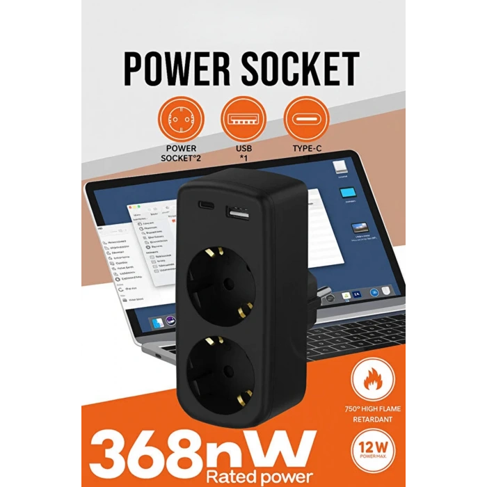 Çoklu Priz Yüksek Gerilim Korumalı 2Lİ Priz 1XUSB 1XType-C Çıkışlı Grup Priz Çoğaltıcı