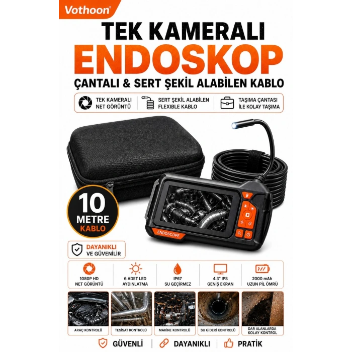 Ekranlı Tek kameralı 10 Mt Sert Kablo Yılan Endoskop Kamera 8 mm 4.3 ınc