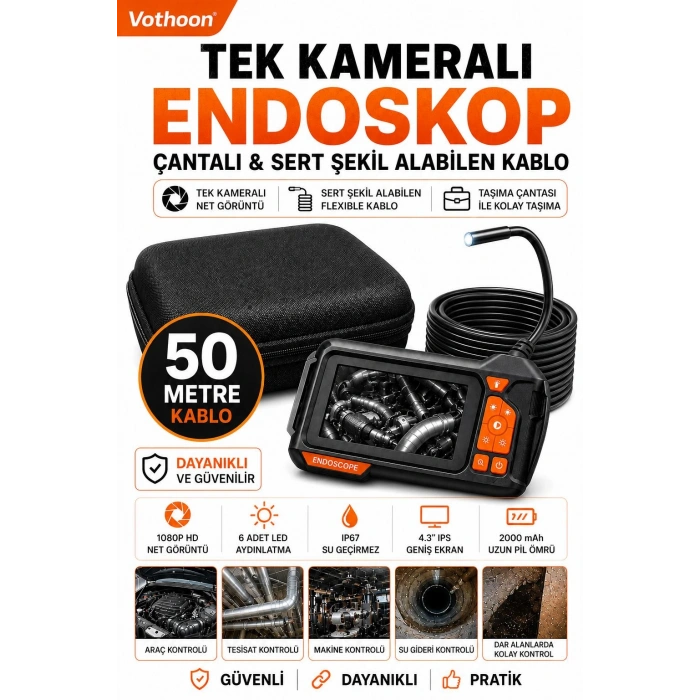 Ekranlı Tek kameralı 50 Mt Sert Kablo Yılan Endoskop Kamera 8 mm 4.3 ınc
