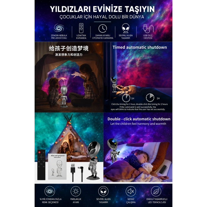 Galaksi Yıldız Projektör Uzaylı Işıklı Samanyolu Projeksiyon Gece Lambası Taklit Ses Tekrarı