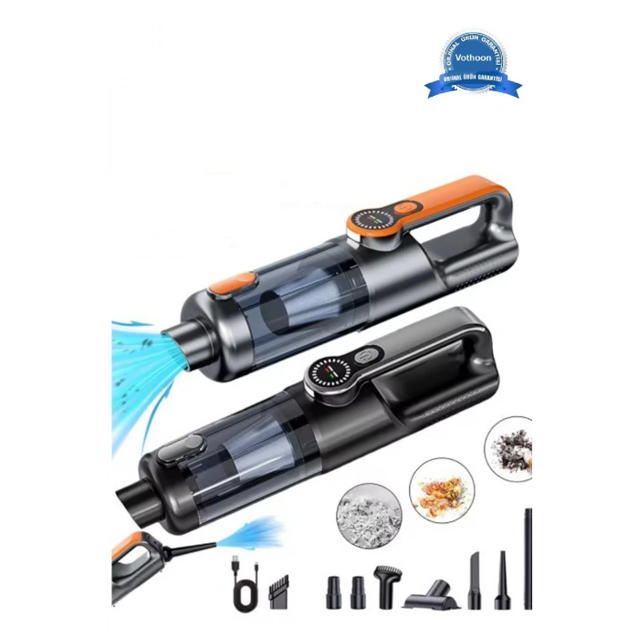 Işıklı Araç Süpürgesi Kablosuz 22.000 Pascal Çekim Gücü Vakum ve Üfleme 2in1 10Başlık Metal Filtreli