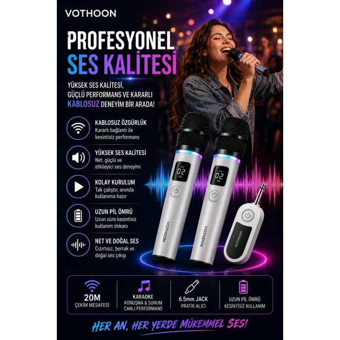 Kablosuz Karaoke Çift Mikrofon 6.5 mm Sahne Parti Düğün Aktivite Amfi Hoparlör