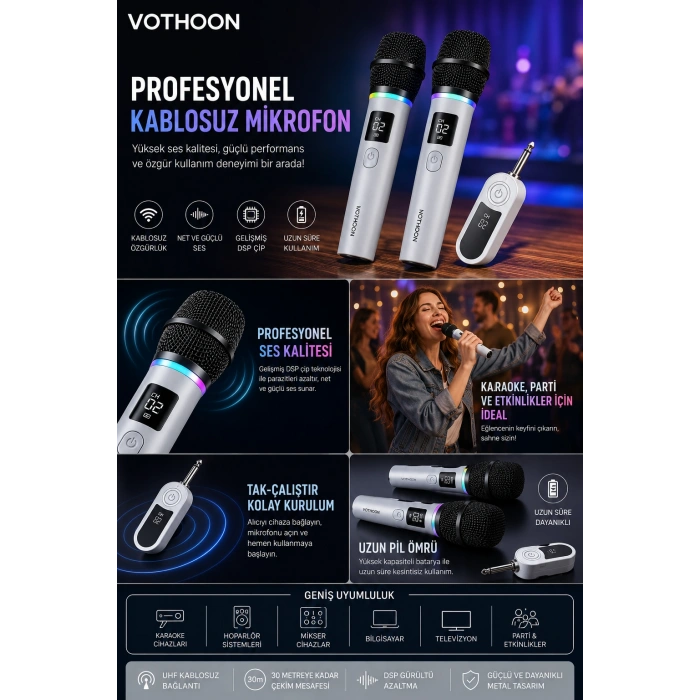Kablosuz Karaoke Çift Mikrofon 6.5 mm Sahne Parti Düğün Aktivite Amfi Hoparlör
