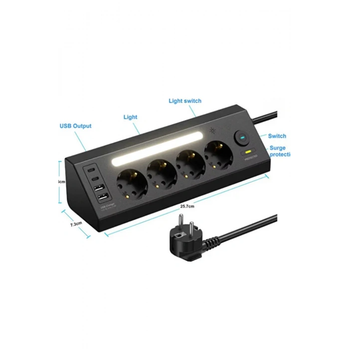 LP764 Çoklu Gece Lambalı Priz Yüksek Gerilim Korumalı 4LÜ Priz 2XUSB 2XType-C Çıkışlı Grup Priz Çoğaltıcı